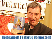 Hofbräu Oktoberfestkrug 2014 vorgestellt. Markus Söder gestaltete den Krug "shreklich guad" und hielt ein Rede (©Foto: Martin Schmitz)